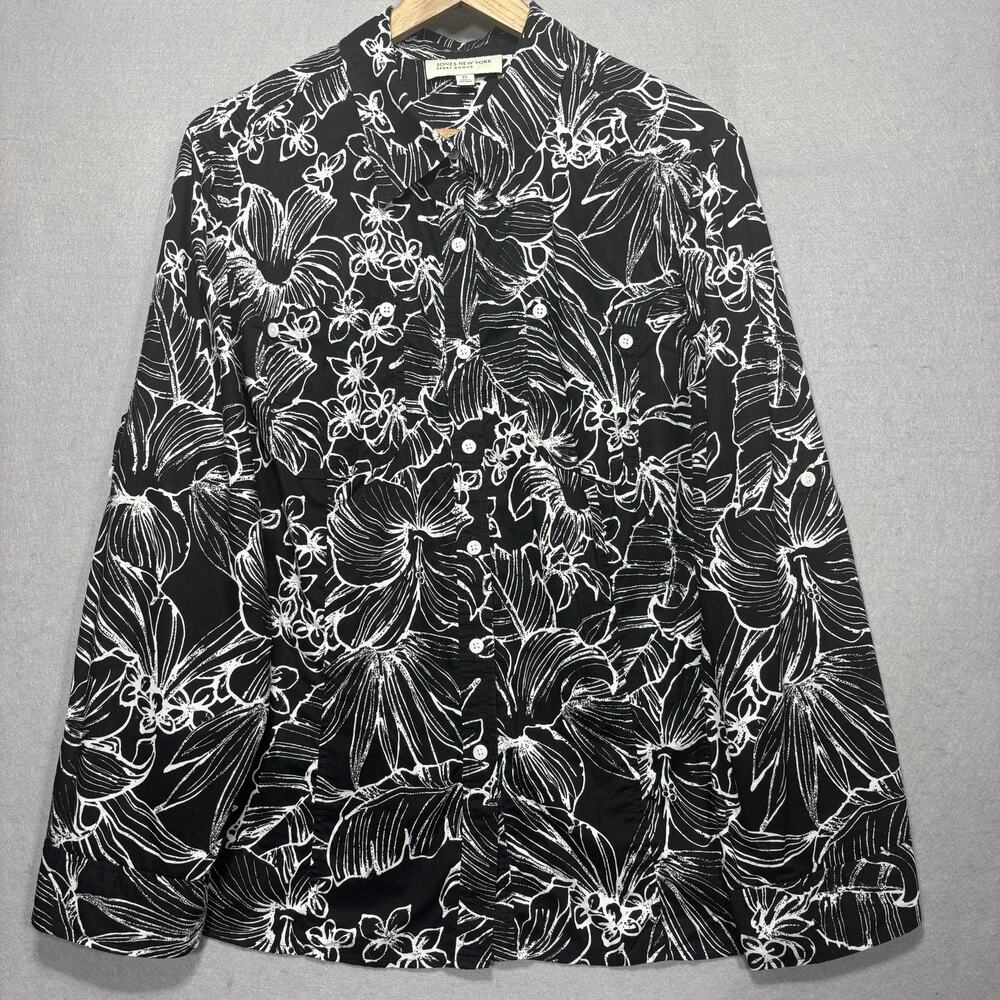 Jones New York‎ Floral Blouse 2X Black White Romantic Cottage Classic Statement